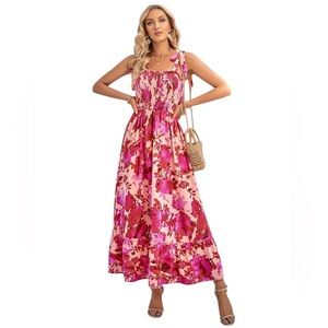 🔥🆕 ANNA-KACI CALIFORNIA Floral Tie-Shoulder Frill Trim Smocked Dress medium